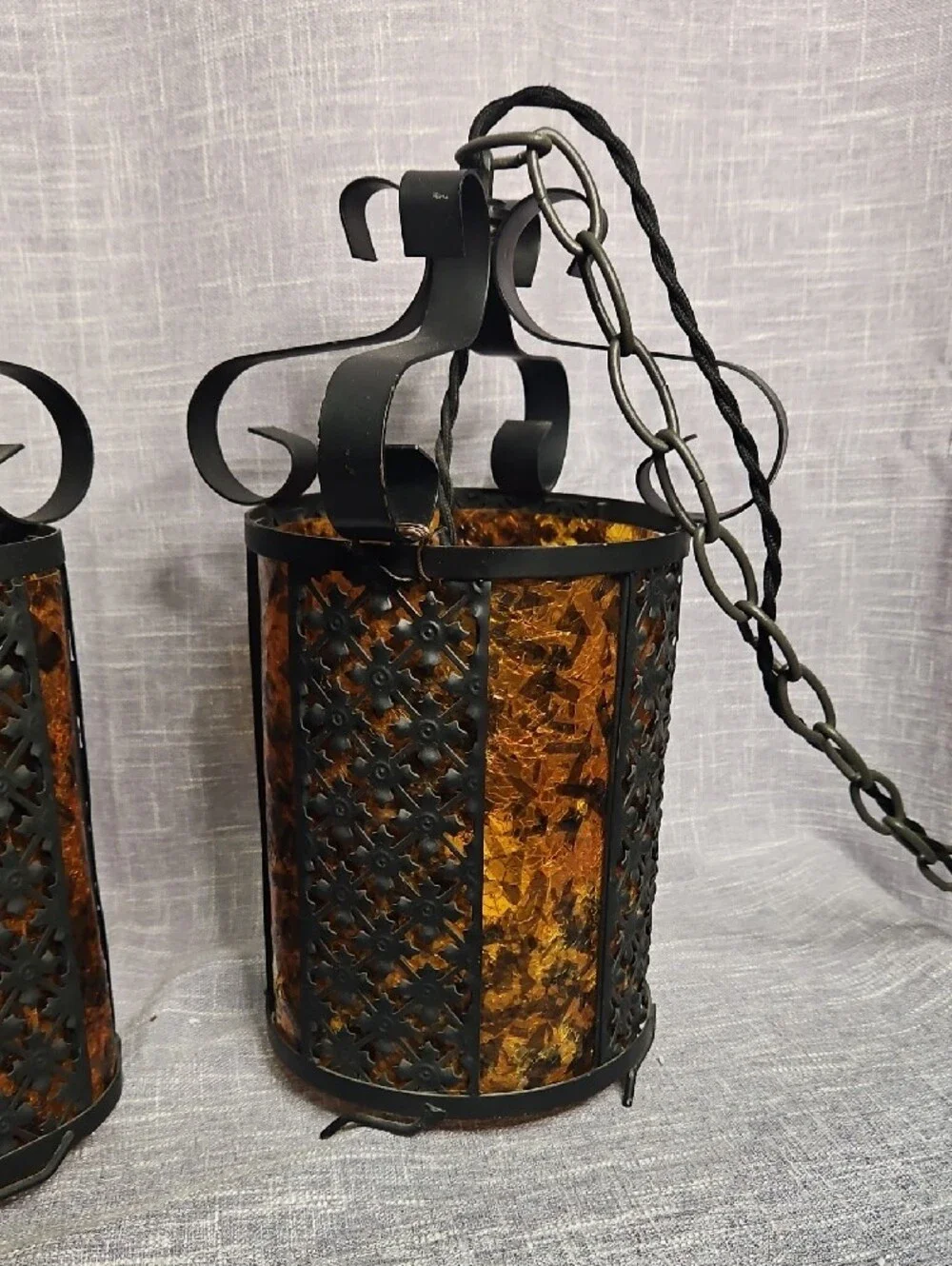 Vintage 1970s Spanish Revival Wrought Iron & Amber Acrylic Pendant Swag Lamps
